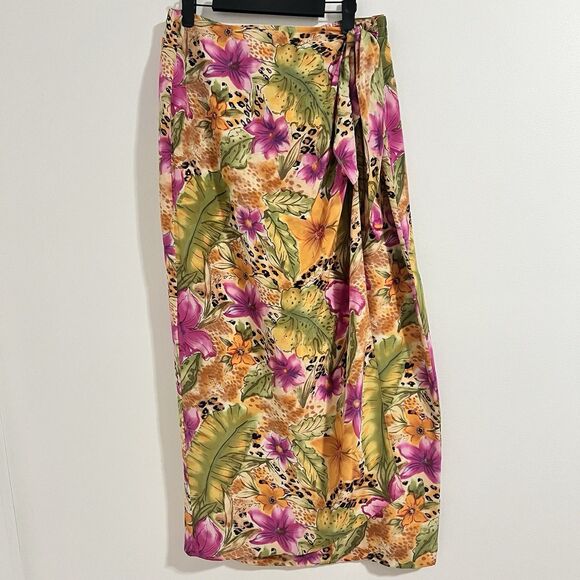 Andrea Viccaro 100% Silk Floral Maxi Skirt Size 16 Yellow Pink Vintage Tropical - Picture 1 of 7
